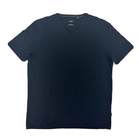 Hugo Boss Shirt Mens M Black Regular Fit‎ Short Sleeve V-Neck Long Staple Cotton - Picture 1 of 9